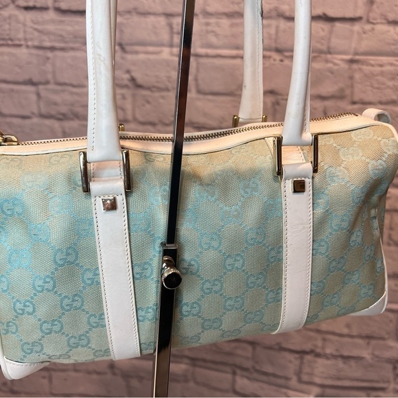 GUCCI GG Jacquard Fabric Leather Light Blue Handbag - Picture 4 of 17